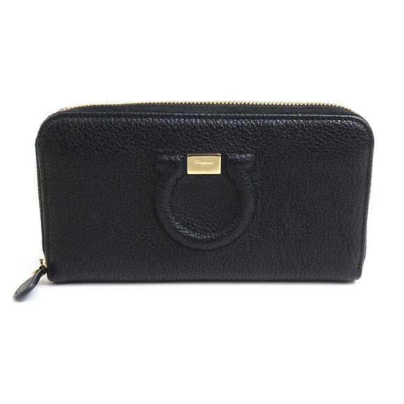 Auth Salvatore Ferragamo Gancini Zip Around Long Wallet Black Leather authentic - Picture 1 of 11